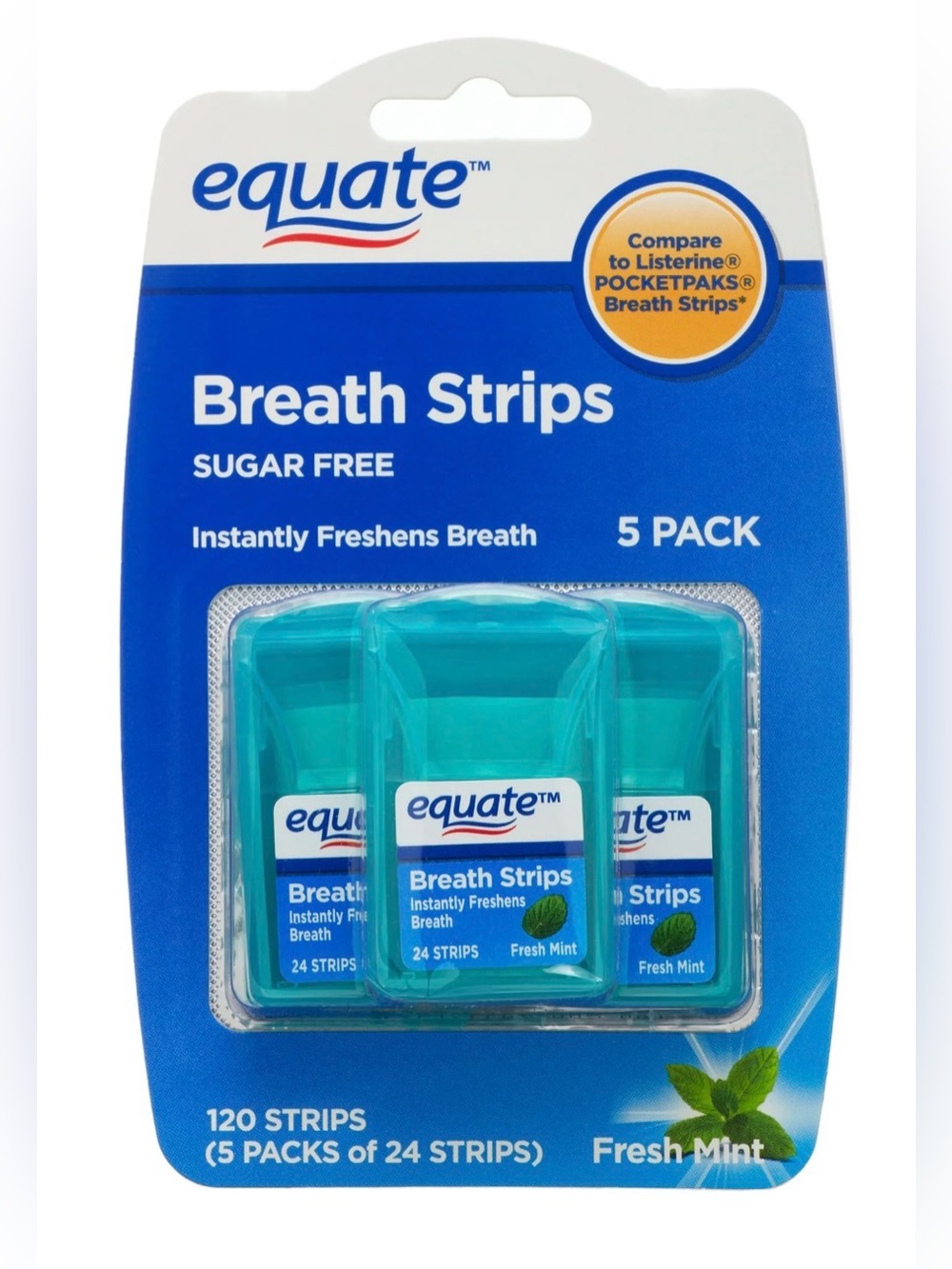 Equate Sugar Free Breath Strips, Fresh Mint, 24 Strips, 5 Pack